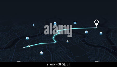 Electric vehicle navigation route with charging station icons. Neon path on dark city map. Vector illustration. Stock Vector