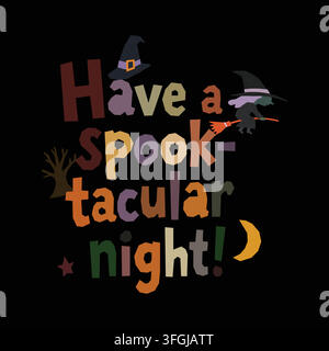 Fun Halloween design with a witch on a broom, spooky tree, moon and stars. Perfect for t-shirts, mugs, and party decor this spooky season. Cute retro- Stock Vector