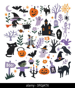 Cute hand-drawn Halloween illustration set featuring witches, pumpkins, ghosts, black cats, bats, haunted house, skeleton, spider, potion and spooky d Stock Vector