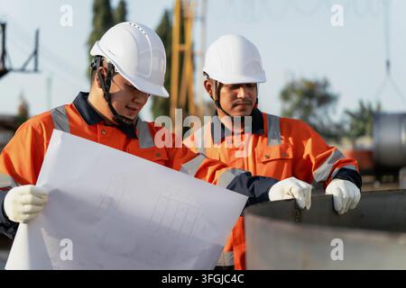 Engineers in hardhats inspect steel pipe with blueprint at fabrication outdoor factory yard. Concept of infrastructure development, quality control an Stock Photo