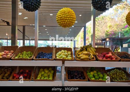 A rich assortment of fresh fruits displayed in woven wicker baskets on shelves at an open-air resort restaurant or market. Features bananas, apples, p Stock Photo