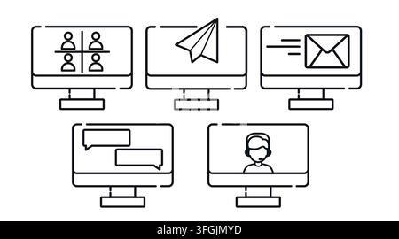 Digital communication and remote work computer monitors vector icons set. Black line art style on white background. Stock Vector