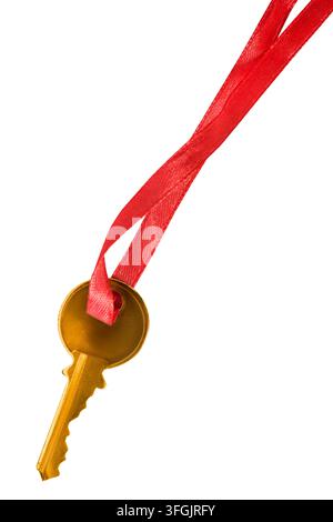 Golden door key hanging on red lace isolated on white background Stock Photo
