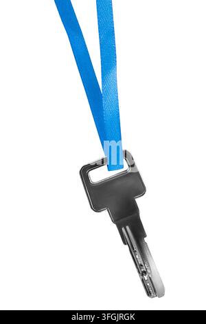 Steel door key hanging on blue lace isolated on white background Stock Photo