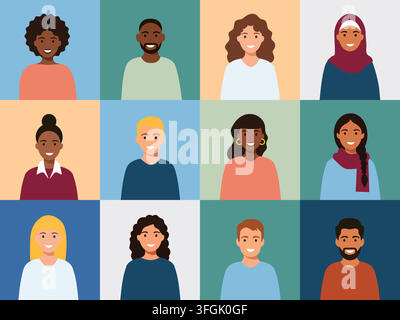 Diverse Multicultural Team Avatars Vector Illustration – Grid of Smiling Men and Women People Portraits. Stock Vector