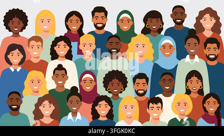 Diverse group of smiling people portraits, multiethnic men and women of different ages and cultures standing together in a flat vector style. Stock Vector