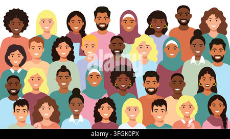 Diverse group of smiling people portraits, multiethnic men and women of different ages and cultures standing together in a flat vector style. Stock Vector