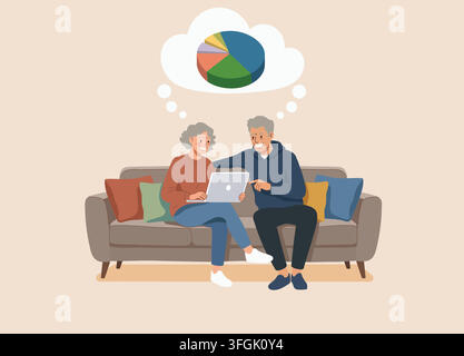 Title / Description (Shutterstock & Adobe Stock) Senior couple sitting on a sofa using a laptop together to discuss financial budget planning, retirem Stock Vector
