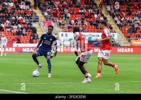 Salford City #21 Kallum Cesay celebrates the goal in front of the ...