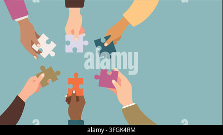 Top view of diverse hands fitting colorful puzzle pieces together. Flat vector illustration of multicultural teamwork, business collaboration, unity. Stock Vector