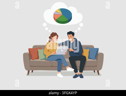 Young happy couple sitting on sofa using laptop for family budget planning and financial decision making vector illustration. Stock Vector