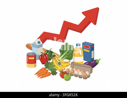 Rising red arrow behind various groceries representing food price inflation. Flat vector illustration concept of rising cost of living. Stock Vector