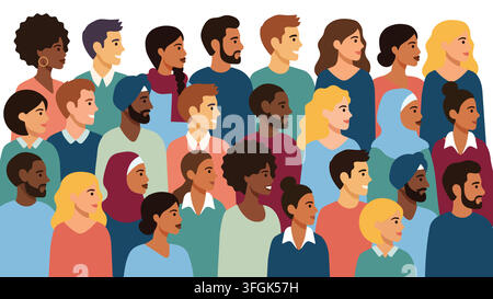 Diverse crowd of multiethnic people portraits, multicultural group of men and women looking in profile. Inclusion, multicultural team. Stock Vector