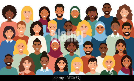 Diverse group of smiling people portraits, multiethnic men and women of different ages and cultures standing together in a flat vector style. Stock Vector