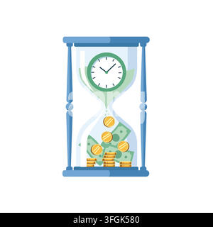 Hourglass with clock face and falling money vector illustration. Time is money, financial investment growth, savings management. Stock Vector