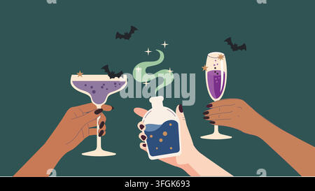 Halloween witch party banner with hands holding purple cocktail glasses and magic potion bottle with bats and stars, vector illustration. Stock Vector