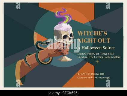 Vintage Halloween party invitation poster, a retro flat design illustration of a hand wrapped with a snake with a skull goblet. Stock Vector
