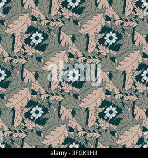 Seamless ornate botanical pattern with lush acanthus leaves in sage green and dusty pink layered over small white flowers on deep dark teal background Stock Vector
