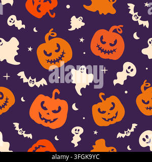Halloween seamless pattern with pumpkins, ghosts, and bats on a lilac background. Vector illustration Stock Vector