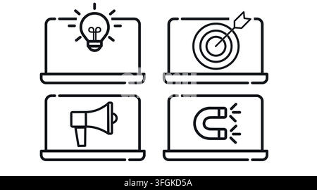 Digital marketing and conversion laptop computers vector icons set. Black line art style on white background. Stock Vector