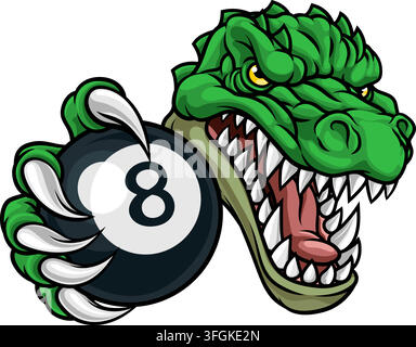 Cartoon reptile lizard alligator crocodile or dinosaur sports team mascot holding a billiards pool 8 ball or eight ball. Stock Vector