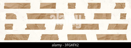 Vector crumpled washi tape kraft paper graphic design elements, brown masking tape with halftone wrinkled texture for journaling and scrapbooking Stock Vector