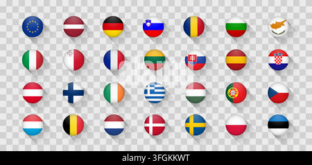 Official European Union member states national flags set in creative flat design style. Vector circle icons for web interface and language selection Stock Vector