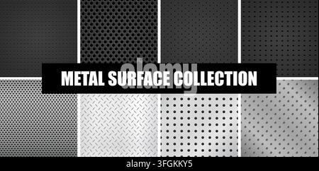 Metal surface collection featuring perforated steel panels, geometric hole patterns, textured industrial backgrounds and monochrome metal sheets for Stock Vector