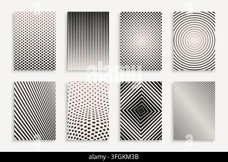Collection of monochrome halftone abstract geometric covers, templates, placards, brochures, banners, backgrounds and etc. Minimalistic striped and Stock Vector