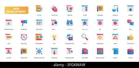 Colorful web development symbols covering coding, testing, wireframe, seo, login, search, security and design workflow for digital product creation gradient flat icons set vector illustration Stock Vector