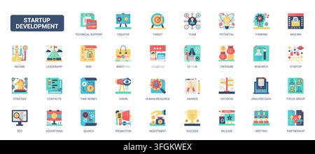 Startup development concepts for business growth, planning, branding, teamwork, analytics, investment and creative problem solving in enterprise workflows flat icons set vector illustration Stock Vector