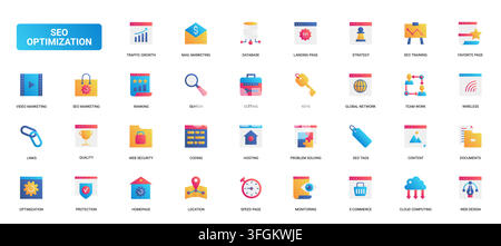 SEO optimization concept featuring search ranking, traffic growth, web security, analytics, hosting and digital marketing tools for website performance gradient flat icons set vector illustration Stock Vector
