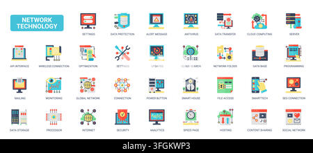 Network technology symbols for cloud computing, servers, security, data transfer, programming and digital communication systems flat icons set vector illustration Stock Vector