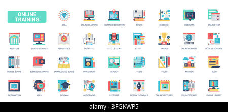 Online education and digital training symbols covering courses, webinars, exams, tutorials, books, research and remote learning services flat icons set vector illustration Stock Vector