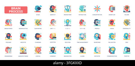 Colorful brain process symbols showing thinking, creativity, memory, empathy, workflow and problem solving for education, psychology and innovation themes flat icons set vector illustration Stock Vector