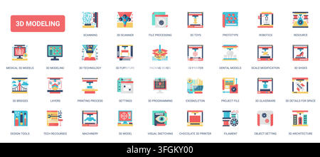 Colorful 3D modeling and printing technology concepts featuring scanners, prototypes, robotics, architecture, tools and manufacturing workflow flat icons set vector illustration Stock Vector