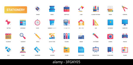 Colorful stationery and office supply symbols featuring notebooks, pencils, folders, scissors, calculator, printer and classroom essentials for education use flat icons set vector illustration Stock Vector