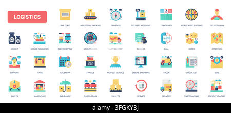 Colorful logistics and shipping service symbols covering delivery, warehouse, cargo tracking, packaging, insurance and transport operations flat icons set vector illustration Stock Vector