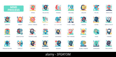 Colorful mind process symbols showing stress, empathy, analysis, creativity, intelligence and mental health themes for psychology and cognition projects flat icons set vector illustration Stock Vector
