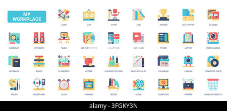 Colorful workspace and office equipment symbols featuring desk tools, technology devices, stationery and creative supplies for productivity themes flat icons set vector illustration Stock Vector