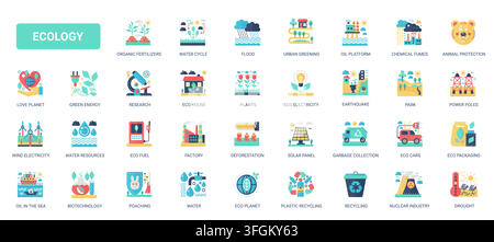 Colorful ecology and environmental sustainability symbols showing renewable energy, recycling, water, wildlife protection and green urban solutions flat icons set vector illustration Stock Vector