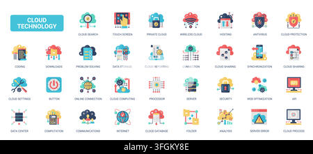 Colorful cloud technology symbols showing storage, hosting, security, database, synchronization and wireless computing for digital infrastructure workflows flat icons set vector illustration Stock Vector