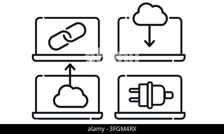 Cloud computing transfer and web connectivity laptop computers vector icons set. Black line art style on white background. Stock Vector