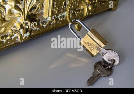 Vintage solid brass padlock with keys, USA Stock Photo