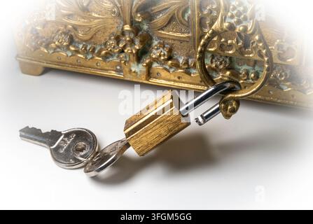 Vintage solid brass padlock with keys, USA Stock Photo