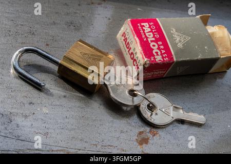 Vintage solid brass padlock with keys, USA Stock Photo