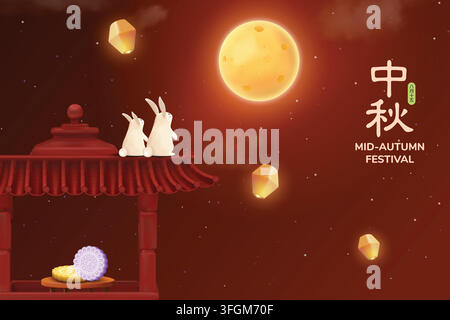 3D Cute Jade Rabbits With Delicious Mooncake, Lanterns and Moon On Red Background. Mid Autumn Festival Banner Vector Illustration for Greetings Stock Vector