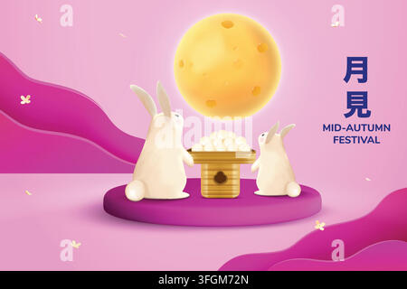 3D Cute Jade Rabbits With Rice Dumplings or Dango, Flowers and Moon On Pink Background. Tsukimi Festival Banner Vector Illustration for Greetings, E-c Stock Vector