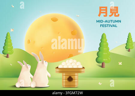 3D Cute Jade Rabbits With Rice Dumplings or Dango, Flowers and Moon On Park Background. Tsukimi Festival Banner Vector Illustration for Greetings, E-c Stock Vector