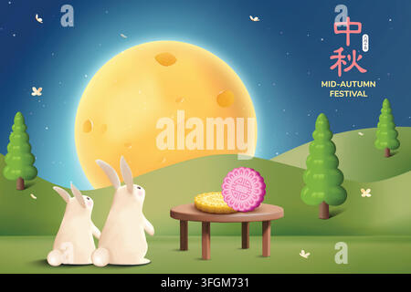 3D Cute Jade Rabbits With Delicious Mooncake, Flowers and Moon On Park Background. Mid Autumn Festival Banner Vector Illustration for Greetings Stock Vector